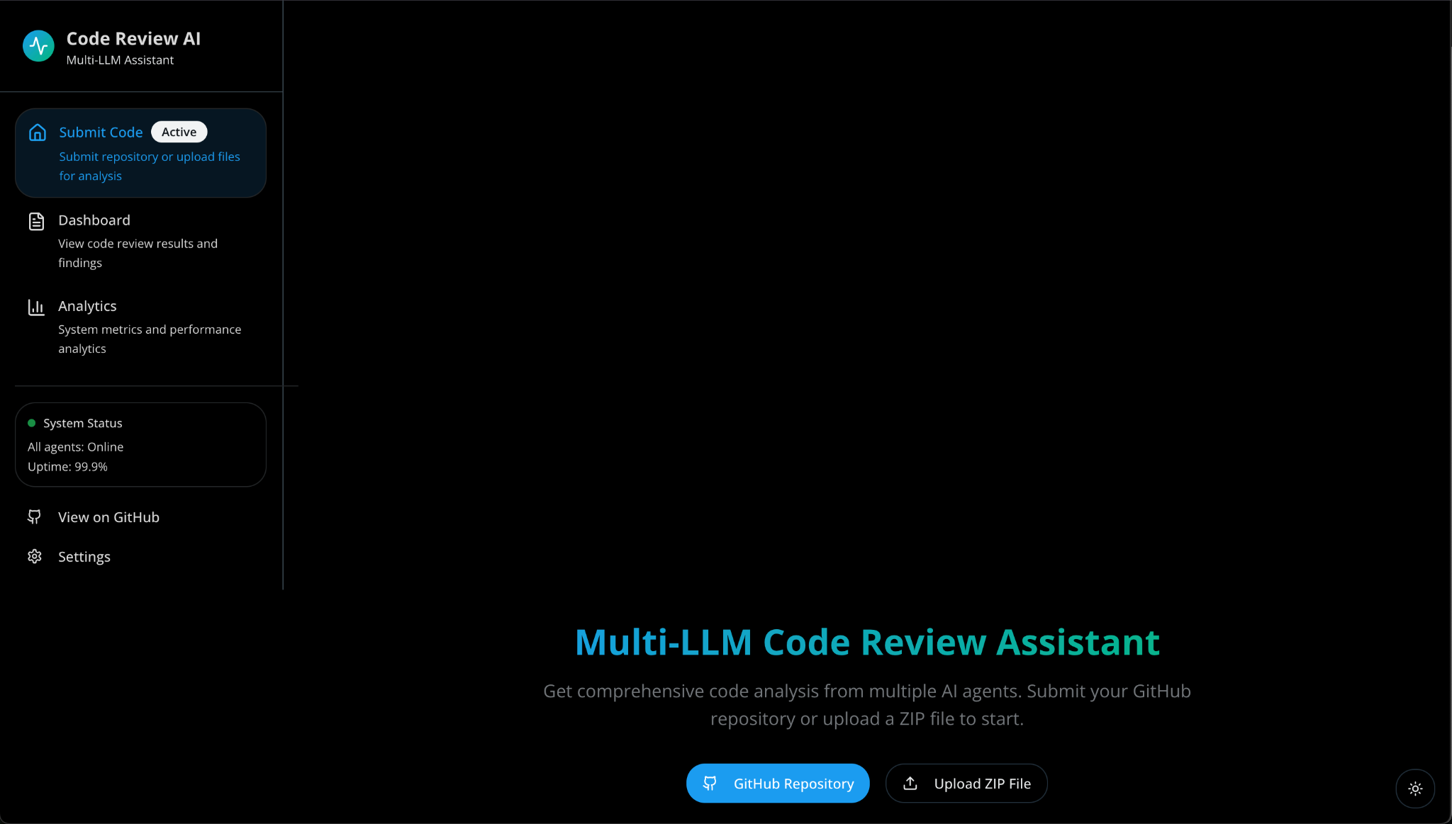 Code Review AI Multi-LLM Assistant interface showing dark-themed navigation sidebar with options for Submit Code, Dashboard, Analytics, and Settings. Main content area displays ‘Multi-LLM Code Review Assistant’ title with description and two buttons: GitHub Repository and Upload ZIP File.