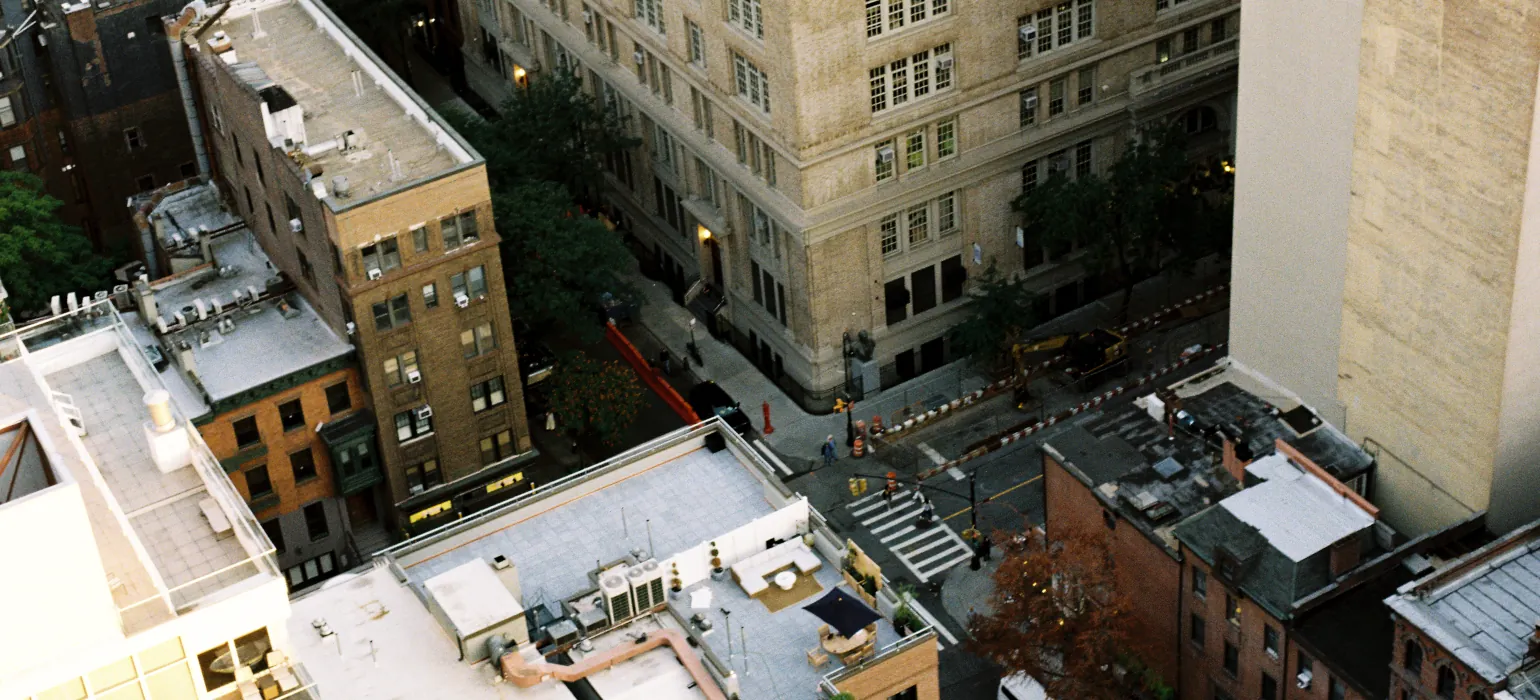 A New York City intersection viewed from above, at a 40 degree angle