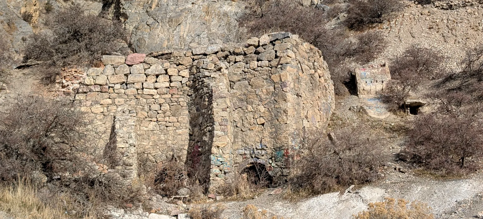 Amidst dry, leafless brush, a tall structure of dilapidated bricks stands, with a small archway at the bottom in the center of the image