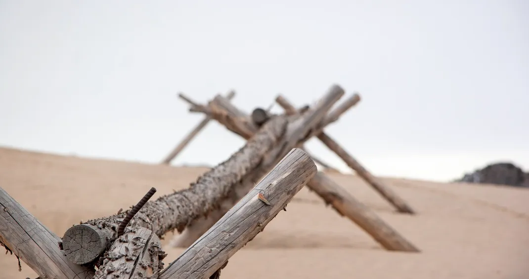 Weathered wooden logs crossed and stacked on a sandy desert landscape under an overcast sky.