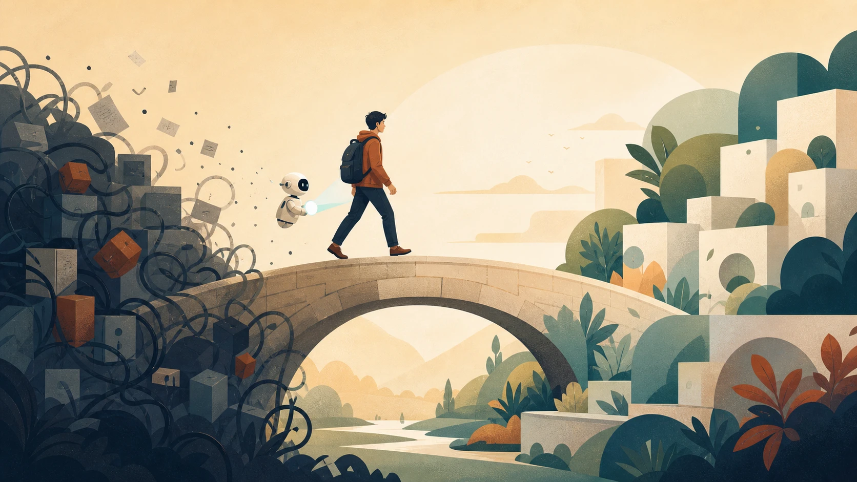 An editorial illustration of an engineer crossing from a tangled legacy software landscape toward a cleaner modern system, with AI present as a small guide rather than the driver.