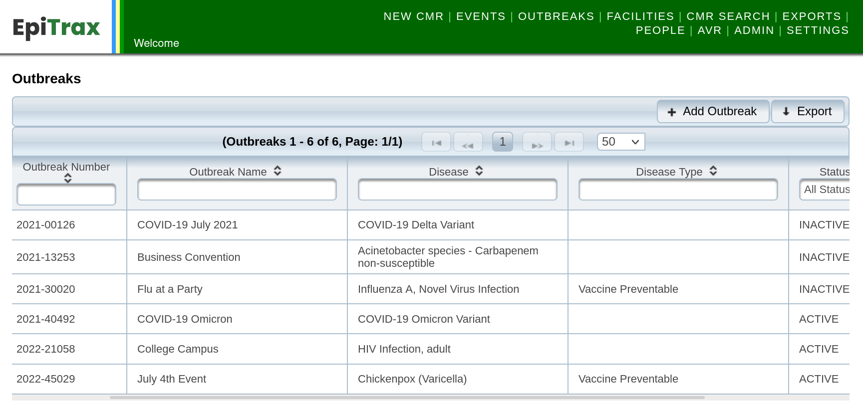 Screenshot of EpiTrax web application showing a list of disease outbreaks